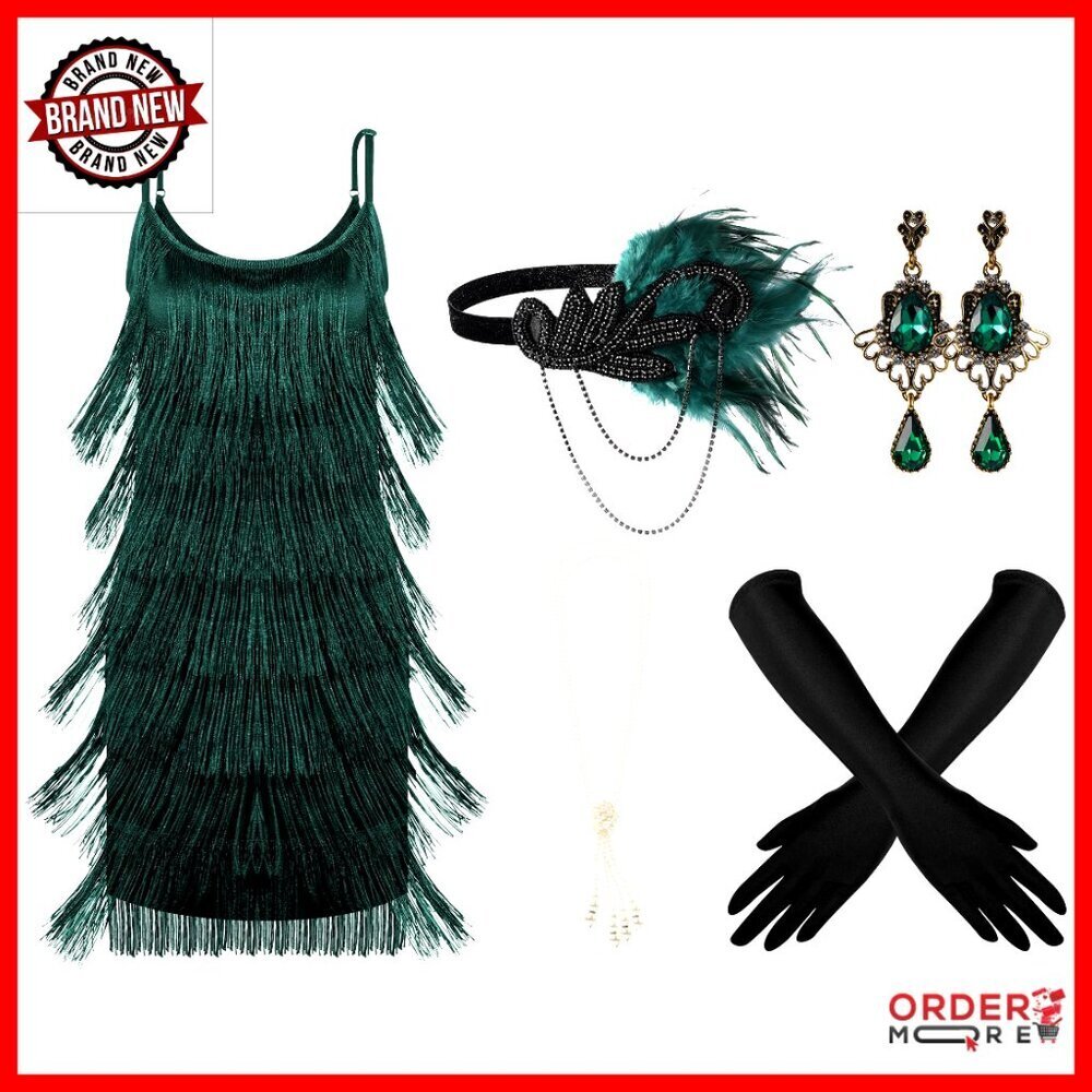 1920s Flapper Costume Set Dress Headband Earrings Necklace Gloves Stick